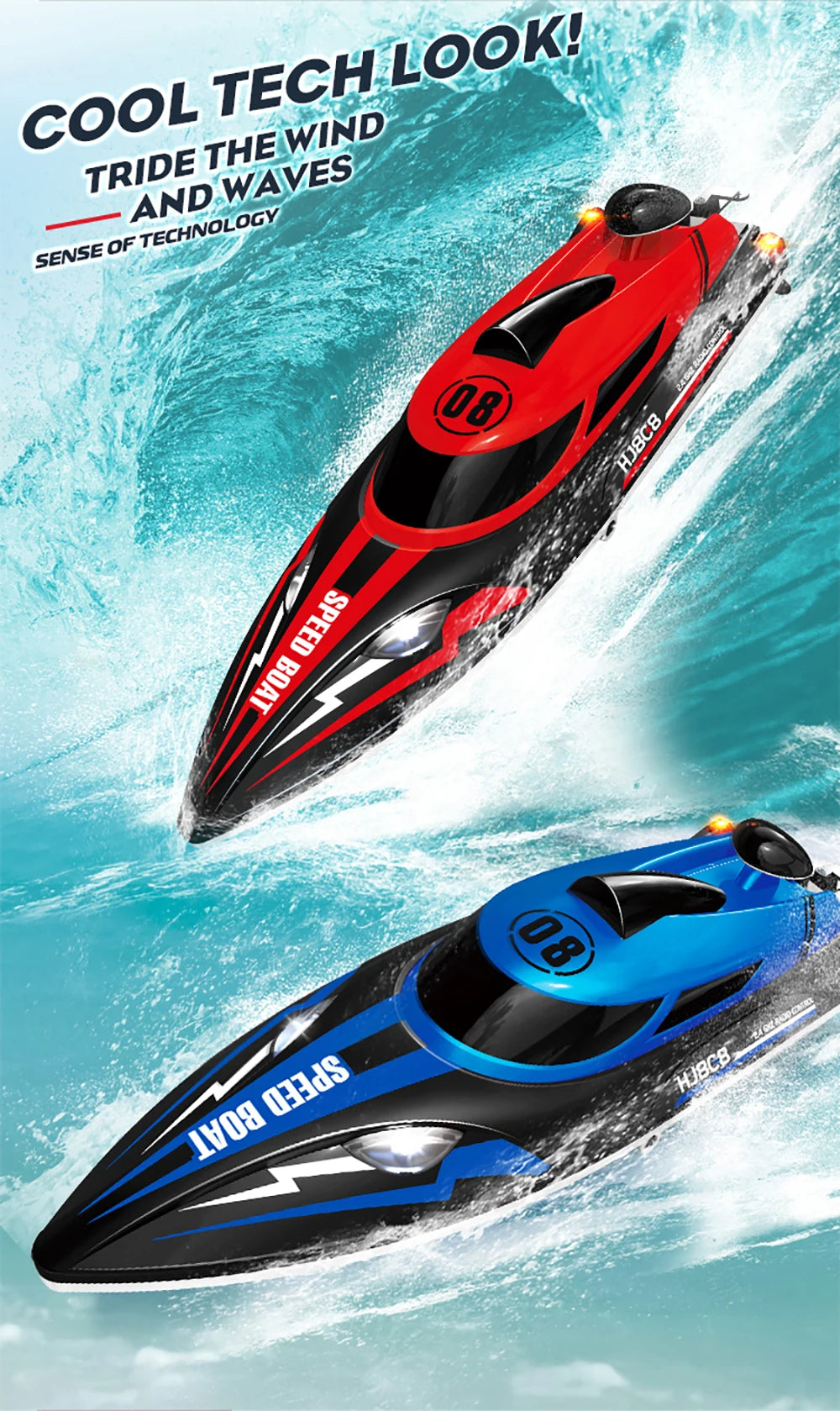 9IMOD HJ808 RC Boat 2.4G High-Speed Remote Control Racing Boat LED 370 Brushed Motor 25Km/h for Adults and Kids