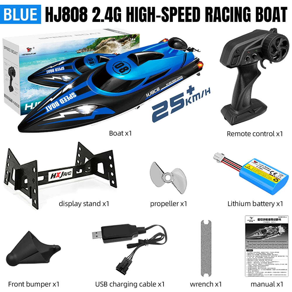 9IMOD HJ808 RC Boat 2.4G High-Speed Remote Control Racing Boat LED 370 Brushed Motor 25Km/h for Adults and Kids