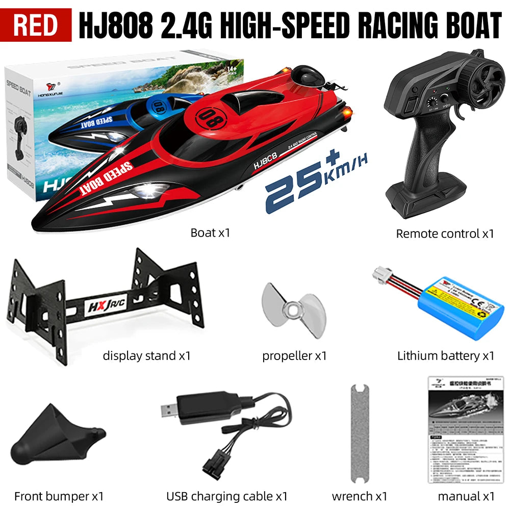 9IMOD HJ808 RC Boat 2.4G High-Speed Remote Control Racing Boat LED 370 Brushed Motor 25Km/h for Adults and Kids