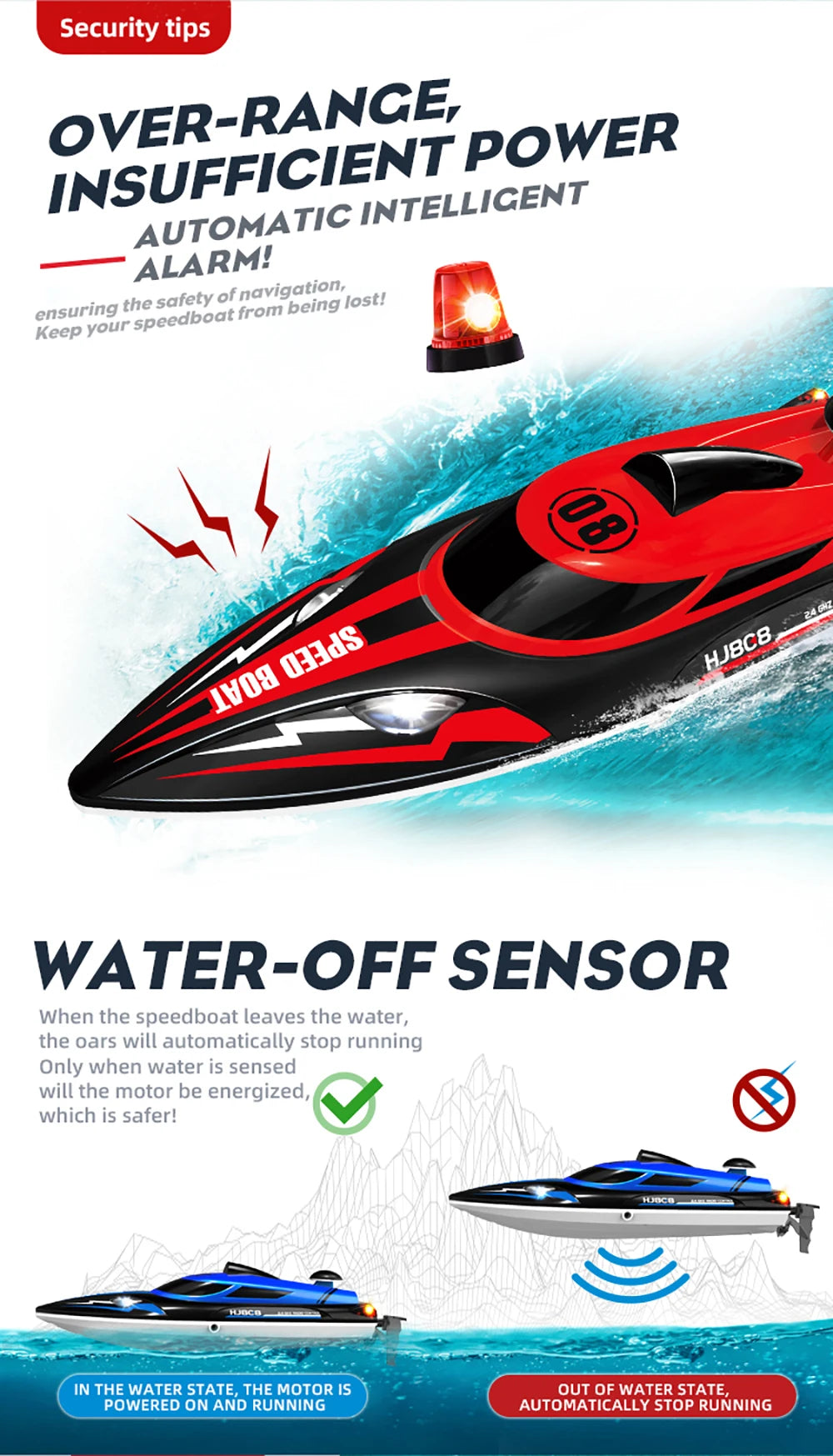 9IMOD HJ808 RC Boat 2.4G High-Speed Remote Control Racing Boat LED 370 Brushed Motor 25Km/h for Adults and Kids