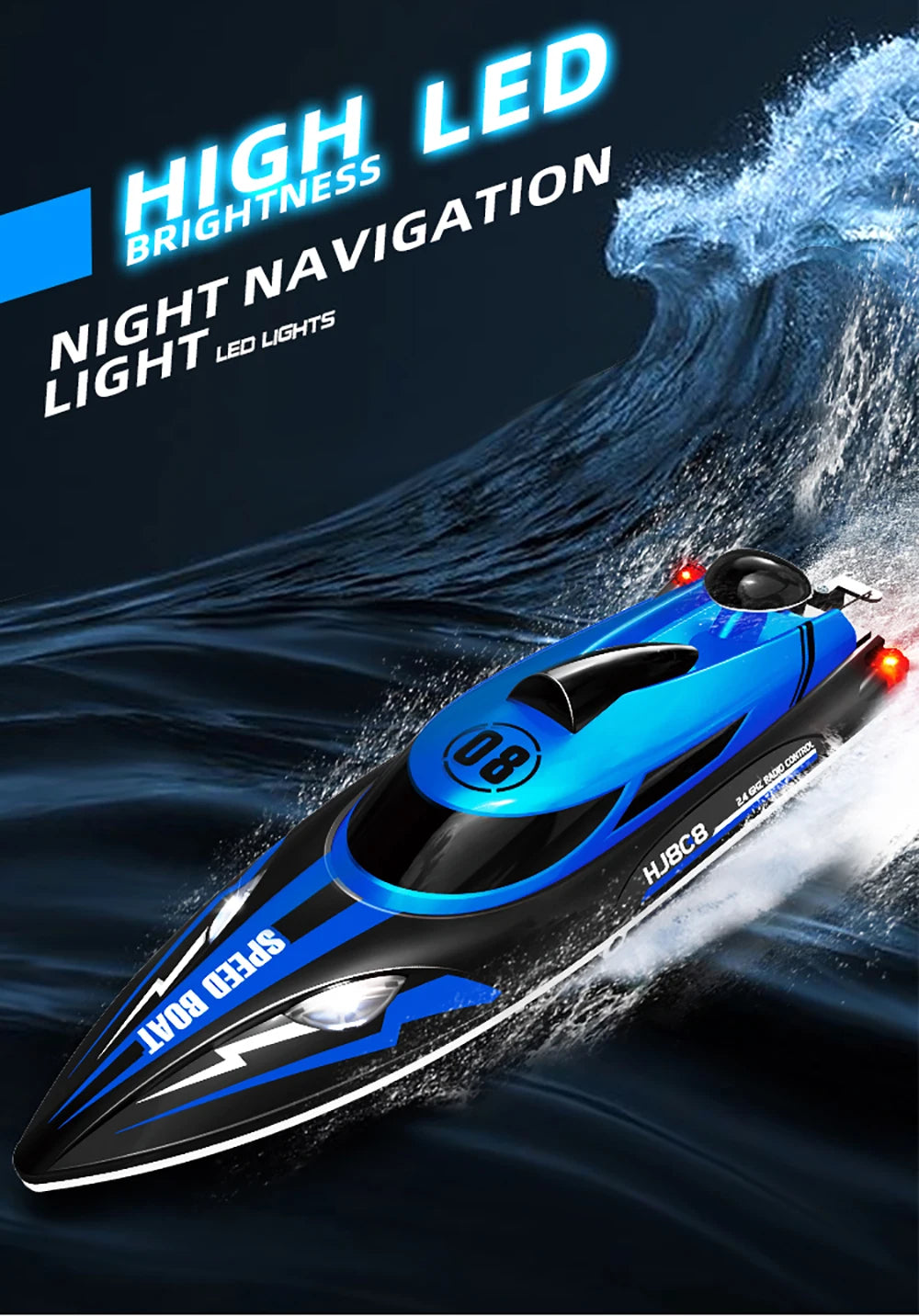 9IMOD HJ808 RC Boat 2.4G High-Speed Remote Control Racing Boat LED 370 Brushed Motor 25Km/h for Adults and Kids