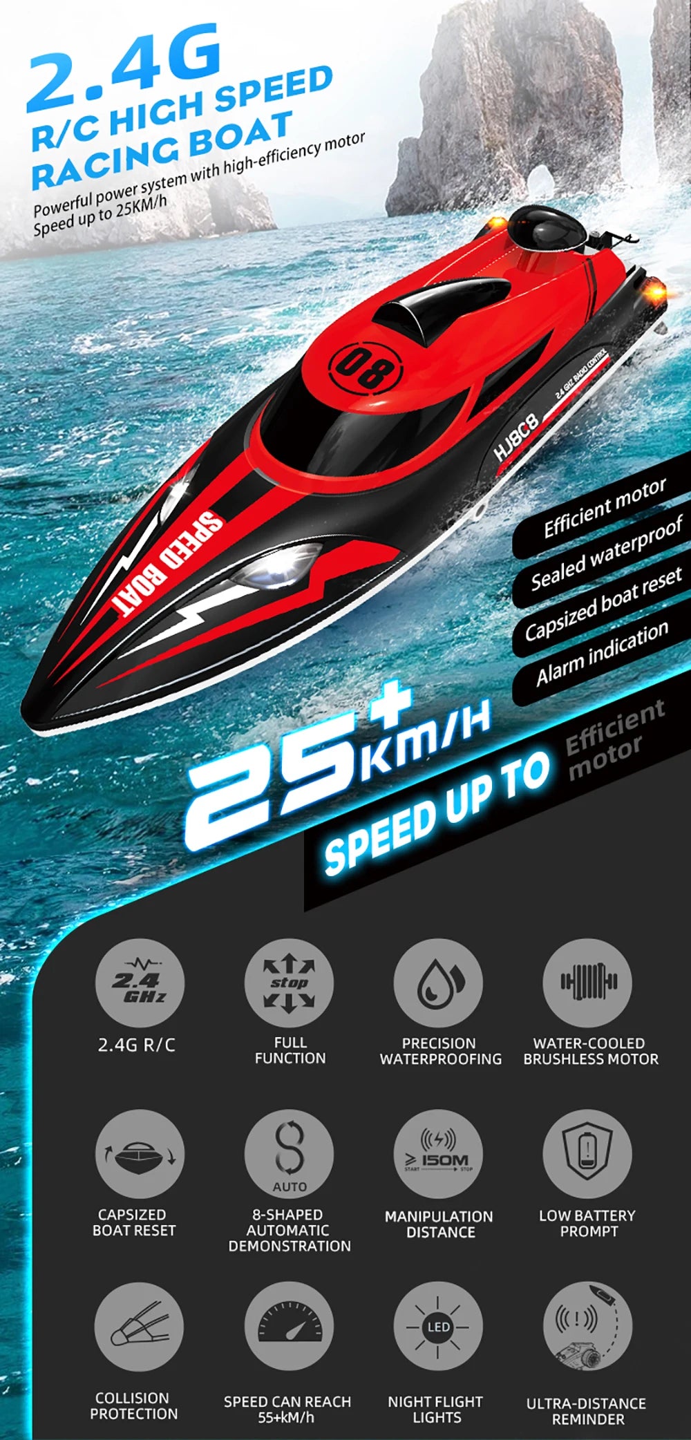 9IMOD HJ808 RC Boat 2.4G High-Speed Remote Control Racing Boat LED 370 Brushed Motor 25Km/h for Adults and Kids