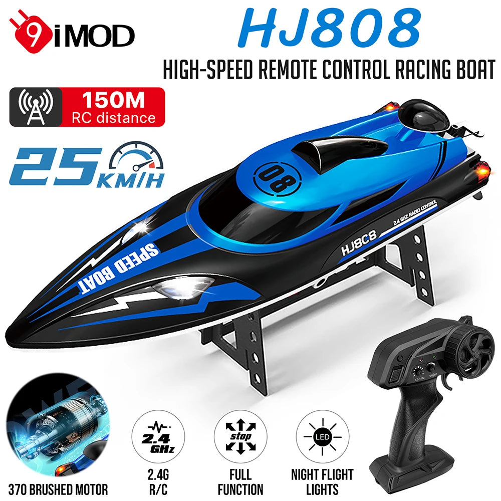 9IMOD HJ808 RC Boat 2.4G High-Speed Remote Control Racing Boat LED 370 Brushed Motor 25Km/h for Adults and Kids